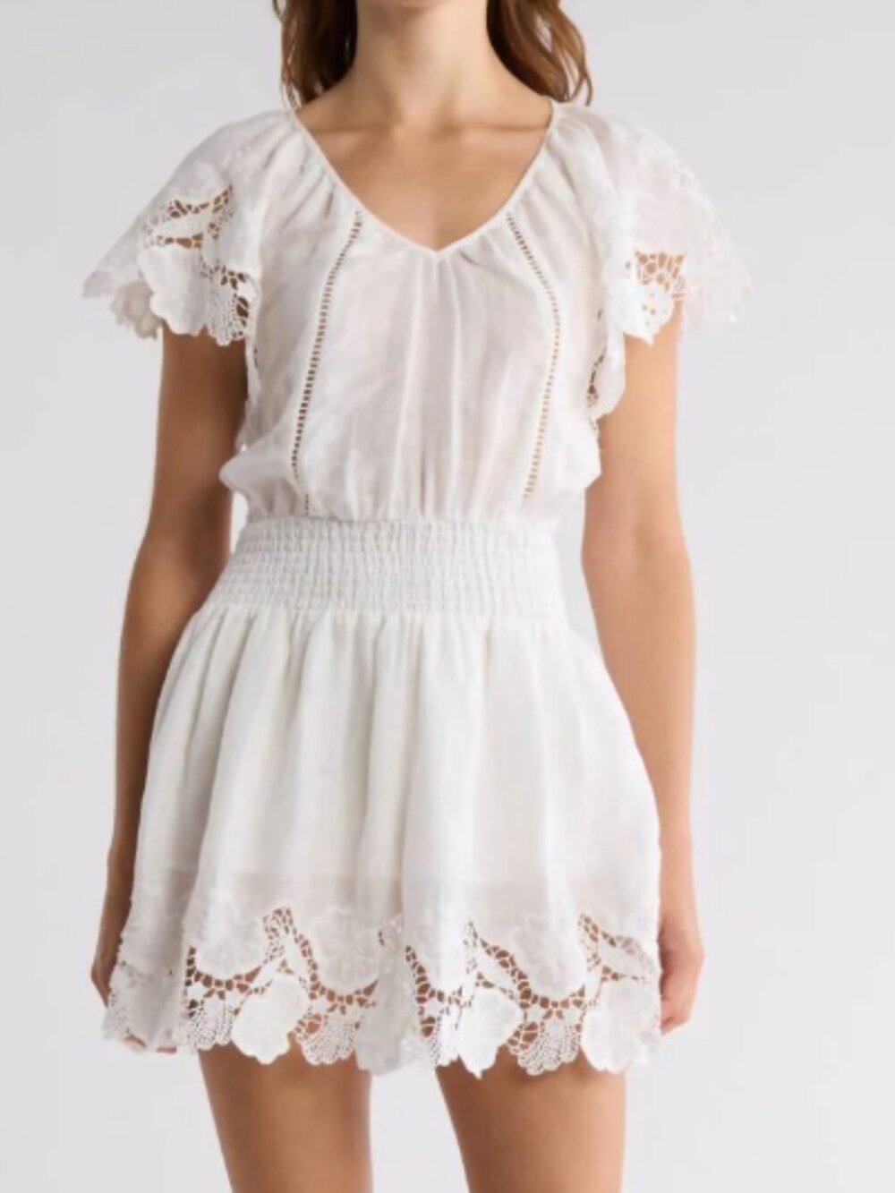 NWOT Ramy Brook Ryan Lace Trim Linen Blend Boho Chic Mini Dress White Small